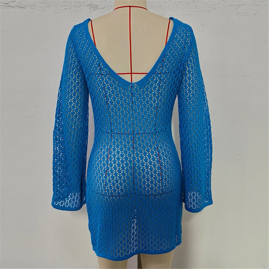V Neck Long Sleeve Hollow Out Crochet Knitted Tunic Beach Cover Up Cover-ups Beach Dress Beach Wear Beachwear Female Women V7643