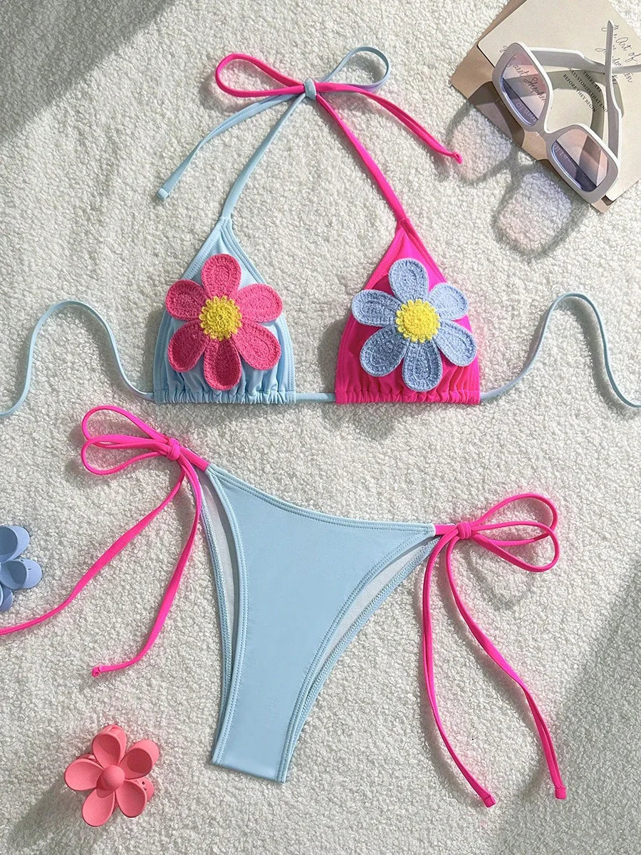 XS - L Splicing Halter 3D Flower Bikini Female Swimsuit Women Swimwear Two-pieces Bikini Set High Cut Bather Bathing Suit Swim