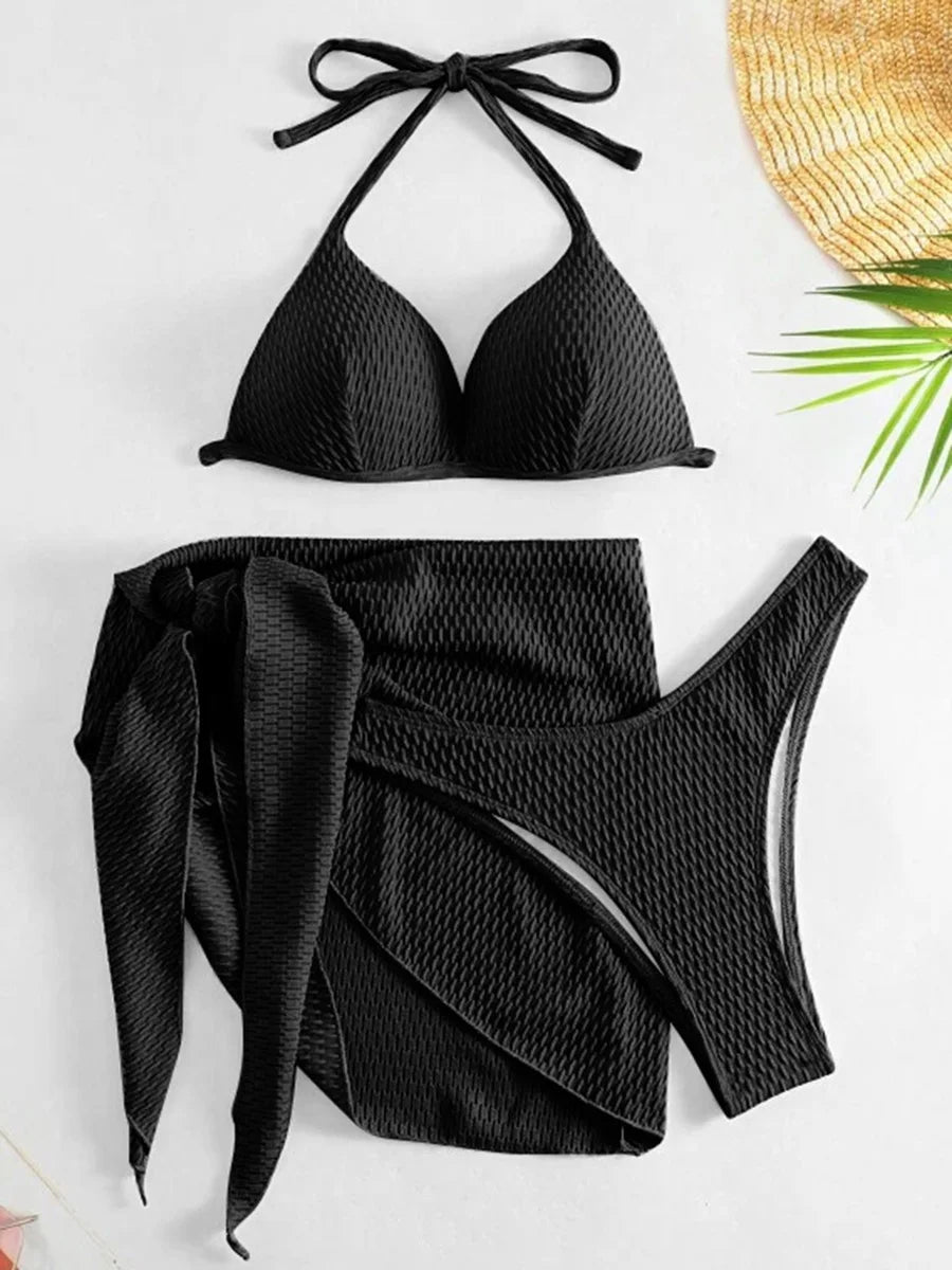 With Beach Sarong Bra Cup Wrinkled Bikini Female Swimsuit Women Swimwear Three-pieces Bikini Set Push Up Bathing Suit Swim Lady