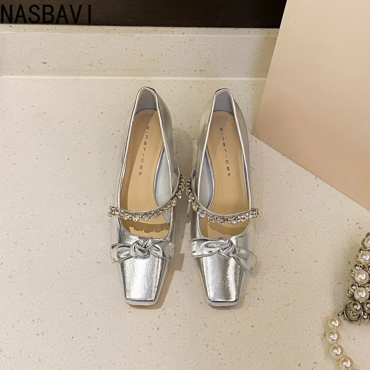 Women's High Heels Mary Janes Square Head Embellished with Water Diamonds Low Cut Knots Thick Heels Fashionable Party Shoes