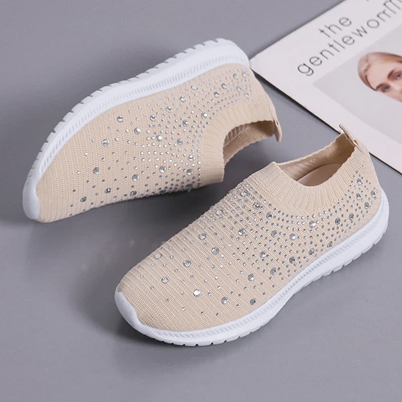 Women's Slip-On Crystal Sneakers 2025 Breathable Mesh Plus Size 35-43 Casual Flats Women Comfort Soft Sole Running Walking Shoes