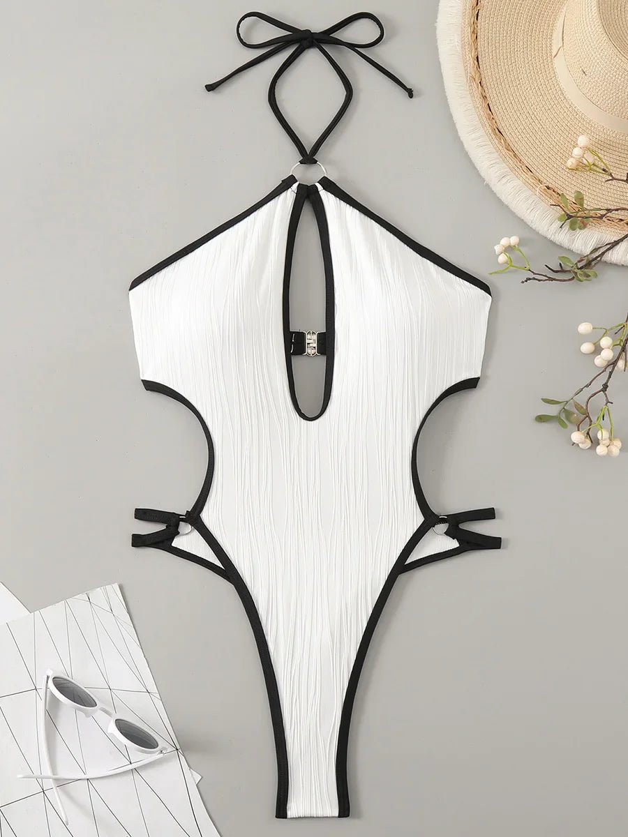 Hollow Out Wrinkled Halter One Piece Swimsuit Women Thong Swimwear Female Backless Monokini High Cut Leg Bathing Suit Beach Wear