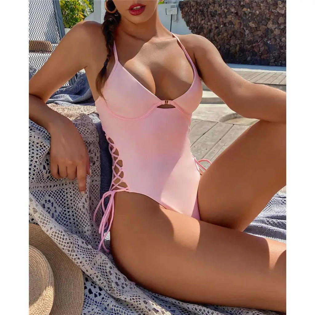 S - XL Sexy Lace Up Underwired One Piece Swimsuit Women Swimwear Female Backless Monokini Bather Bathing Suit Swim Lady V2906C