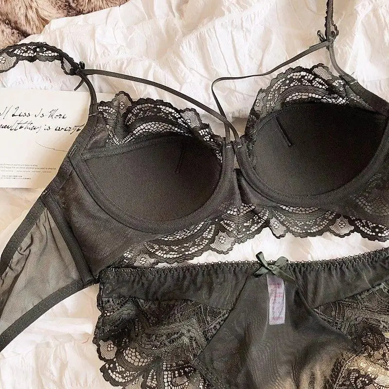 MOYISU Sexy French Lace Bralette Small Bust Cup Bra Set with Removable Straps & Push Up Pads, Soft Underwire Thin Girls Bra Top