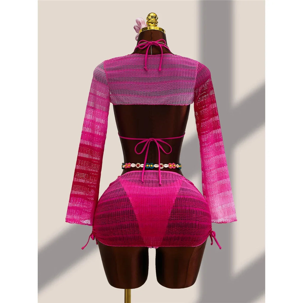 4PCS With Cover Up Skirt Gradient Bikini Women Swimwear Female Swimsuit Four-pieces Bikini set Bather Bathing Suit Swim V8303