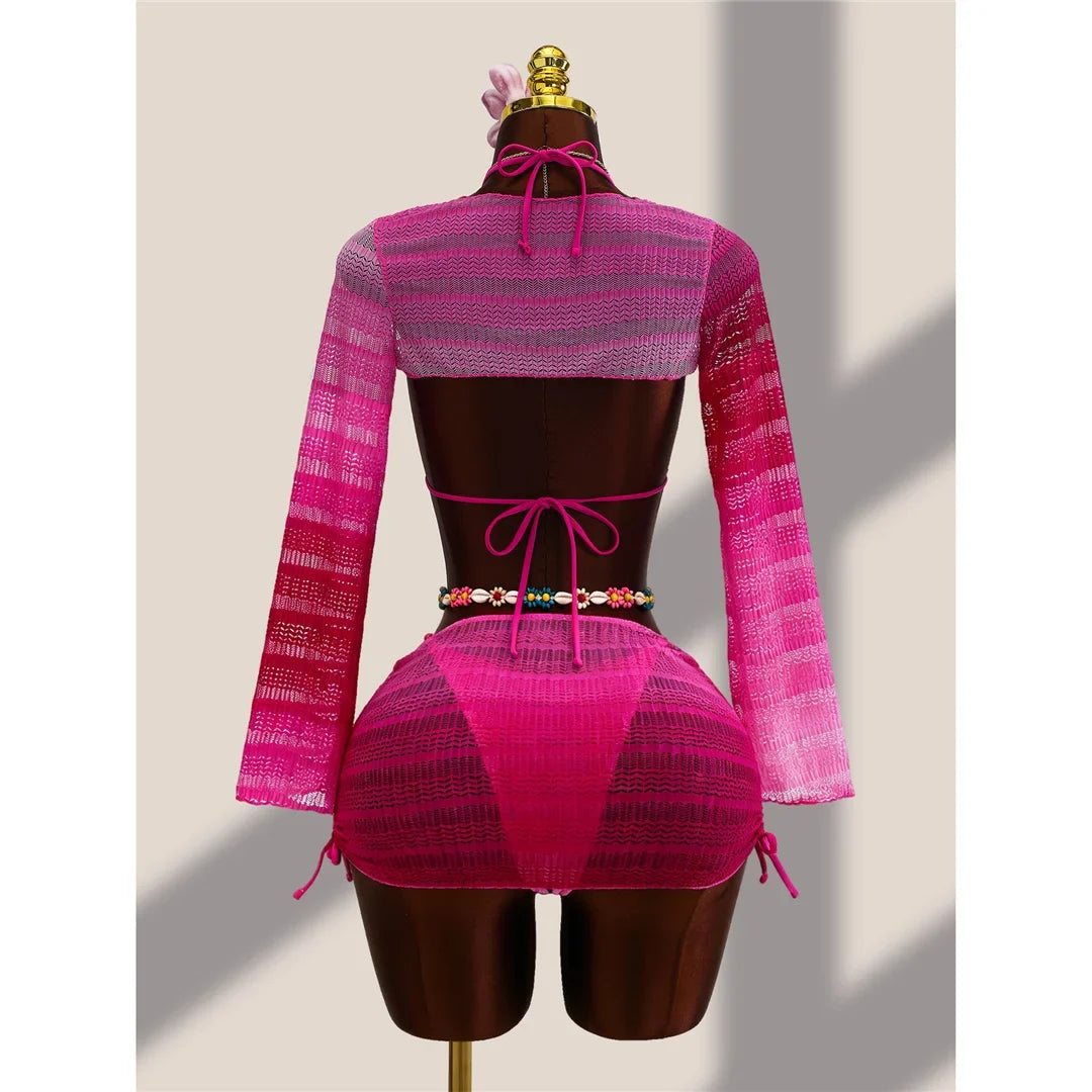 4PCS With Cover Up Skirt Gradient Bikini Women Swimwear Female Swimsuit Four-pieces Bikini set Bather Bathing Suit Swim V8303