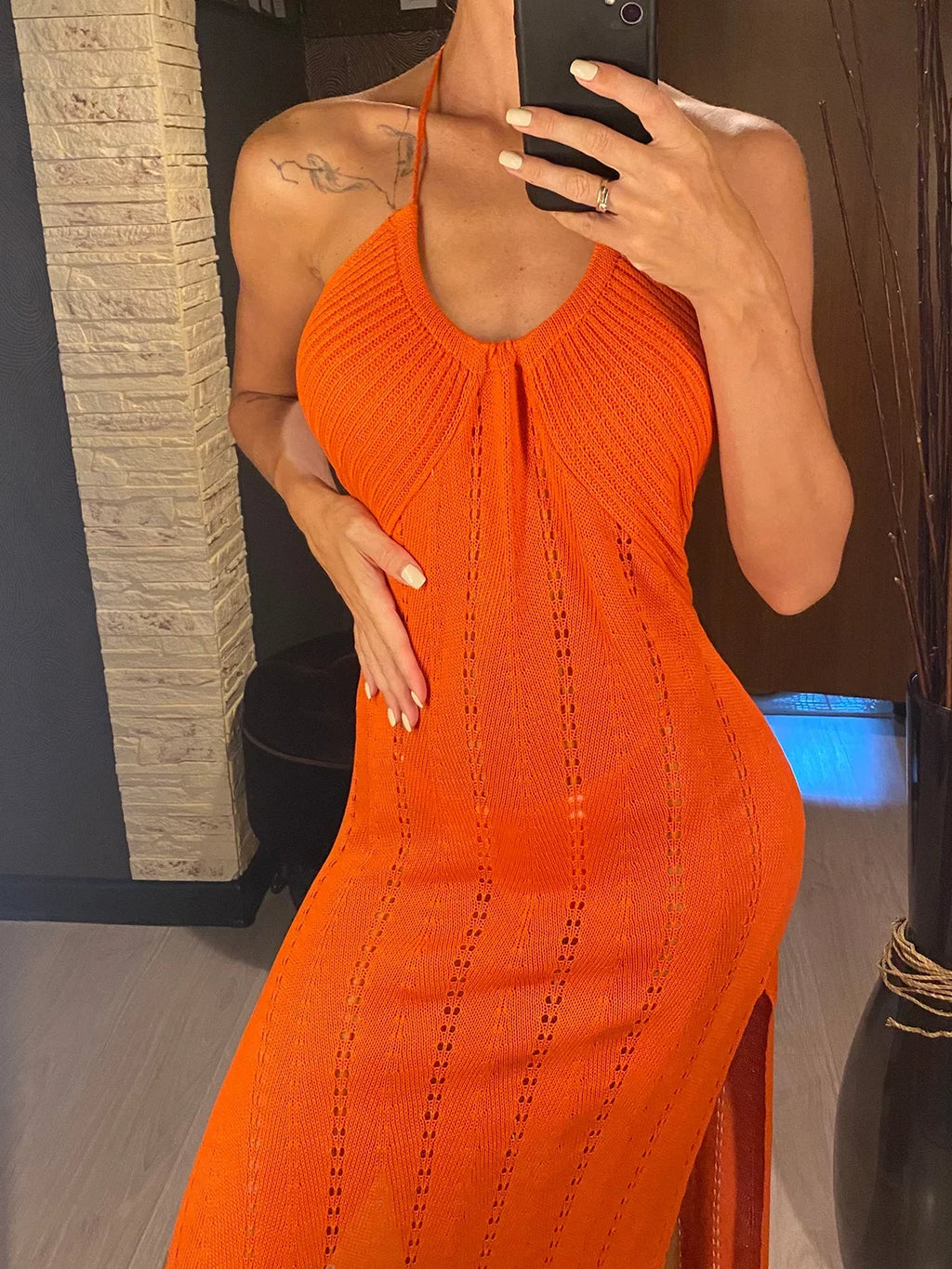 Sexy Halter Backless High Cut Crochet Knitted Tunic Beach Dress Beach Wear Beachwear Beach Cover Up Cover-upsFemale Women V5841
