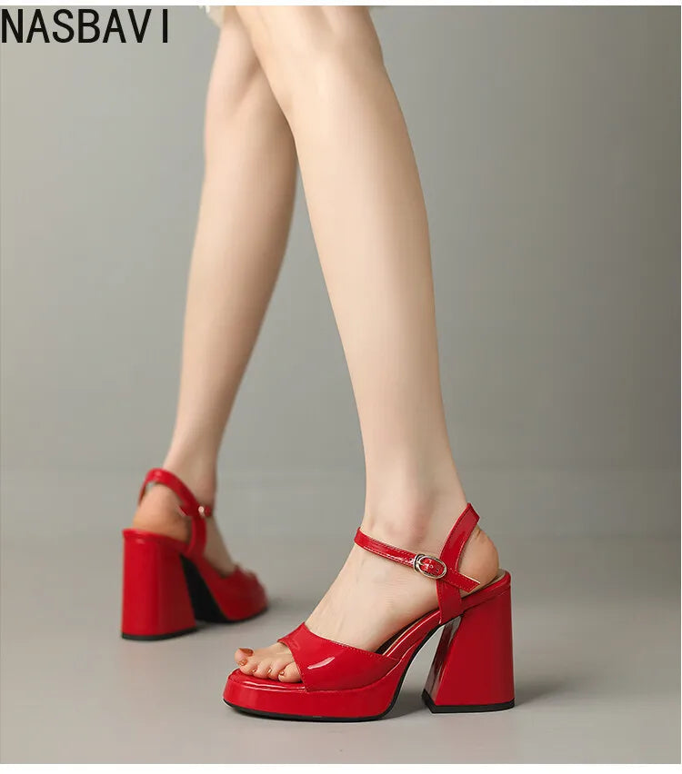 NASBAVI Women Patent Leather Sandals Super Chunky High Heeled Ankle Buckle Shoes Platform Summer Thick Heel Sandal Ladies 35-43