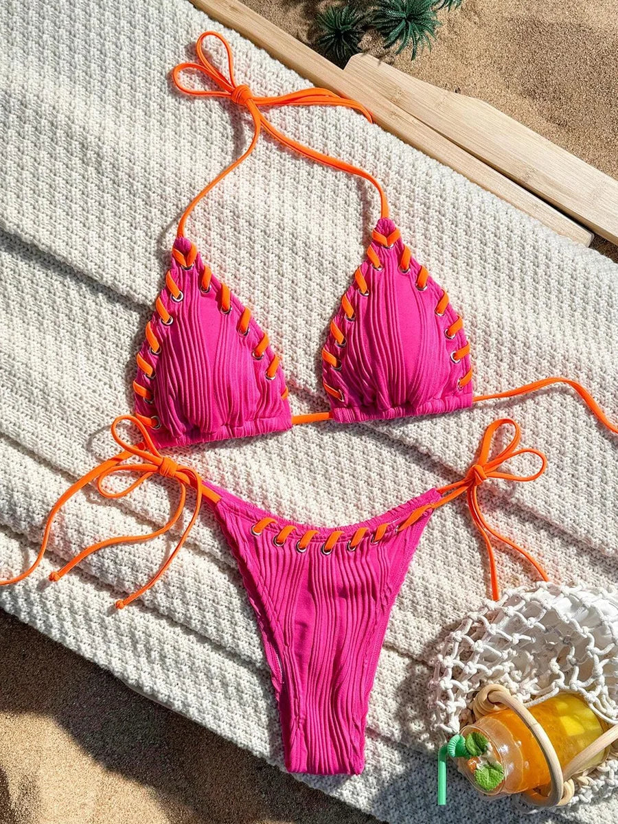 2025 Halter Wrinkled Weaved Bikini Women Swimwear Female Swimsuit Two Pieces Bikini Set Brazilian Bathing Suit Swim Beach Wear