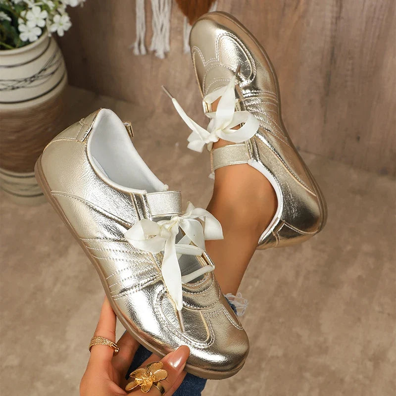 Sweet Ribbon Bowknot Ballet Flats for Women Plus Size 43 Gold Silver Platform Sneakers Woman Comfortable Soft Bottom Flat Shoes