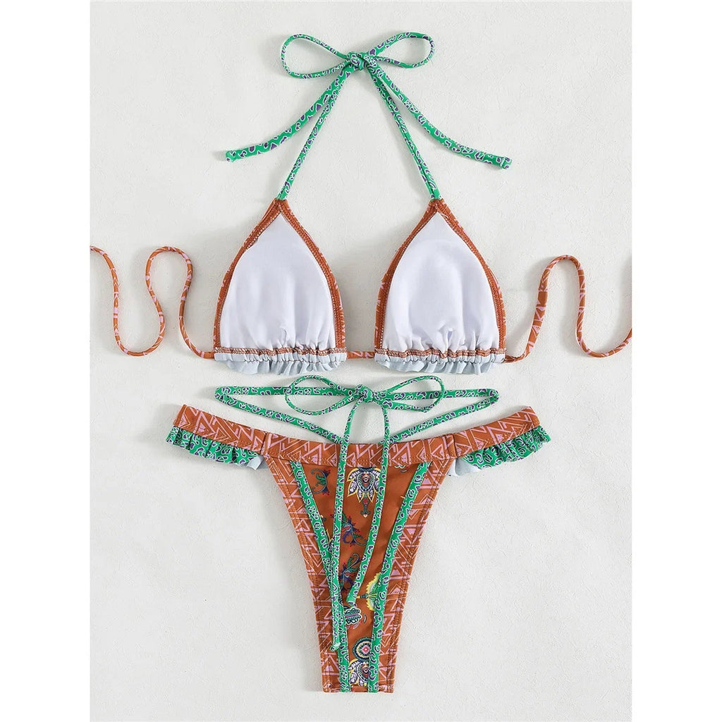 5 Colors Sexy Printed Halter Frilled Bikini Women Swimwear Female Swimsuit Two-Pieces Bikini Set Bather Bathing Suit Swim V4651