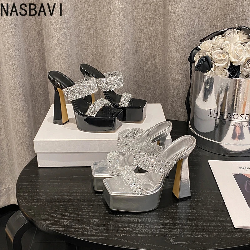 Summer 2026 Crystal Shiny Hollow Out High Heels Women's Sandals Fashion Sexy Size 35-41 Glittering PU Upper Rubber Sole