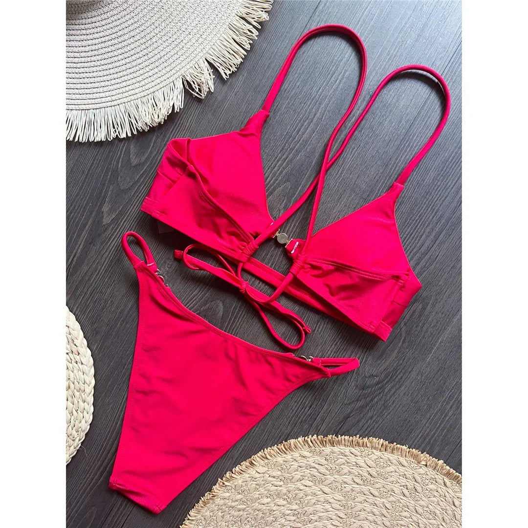 7 Colors New Cross Back Bikini Female Swimsuit Women Swimwear Two-pieces Bikini set High Leg Cut Bather Bathing Suit Swim V8252