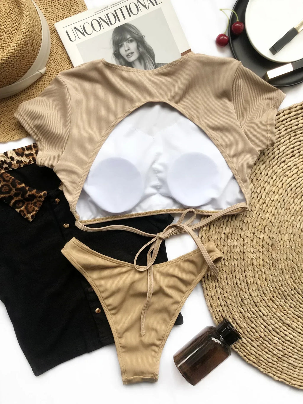 Sexy Bikini Women 2-Piece Swimwear Swimsuit Backless Solid Short Sleeve Female Beach Bikinis Set Bathing Suit Banadores Mujer