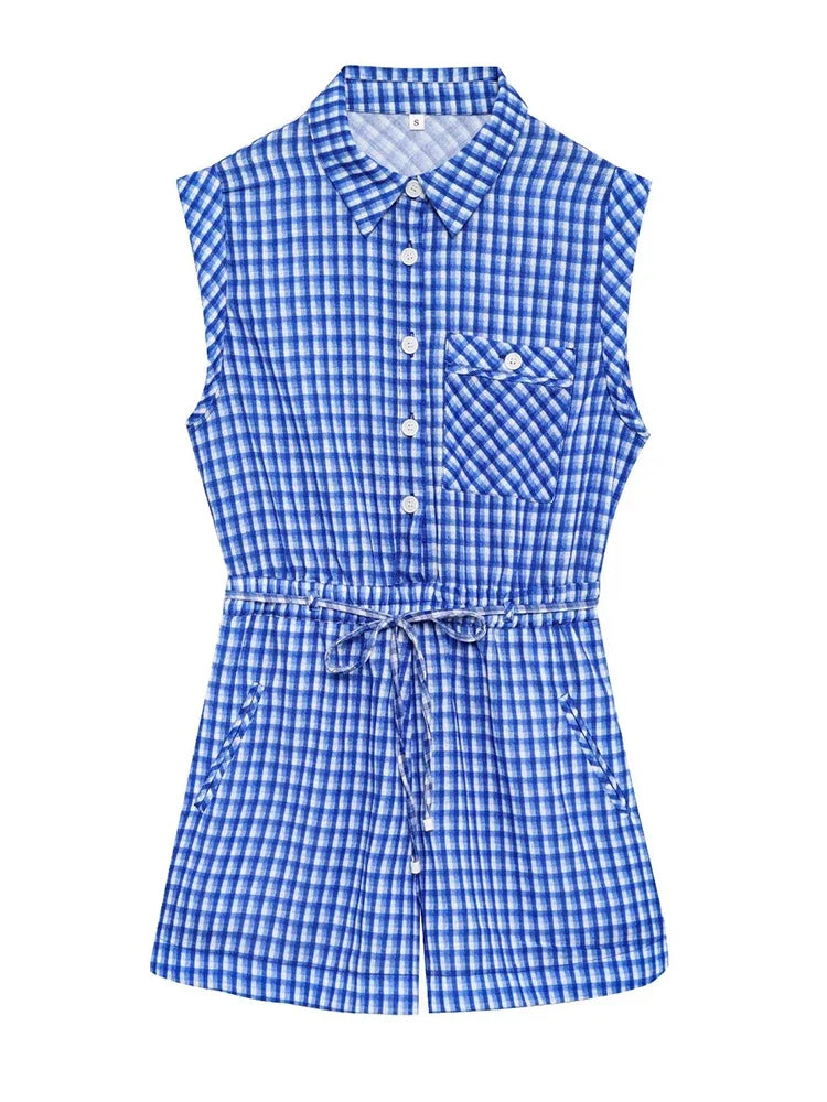 Gingham Printed Jumpsuit Women 2025 Summer Spring Wide Leg Casual Overalls for Women Cotton Linen Romper Pockets Playsuit