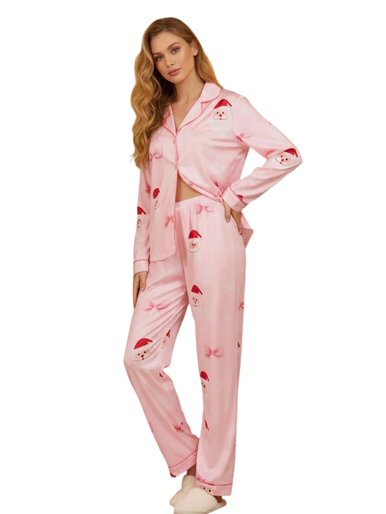 Women’s Two Piece Christmas Pajamas Set Long Sleeve Button Shirt Tops and Long Pants Fall Lounge Outfits