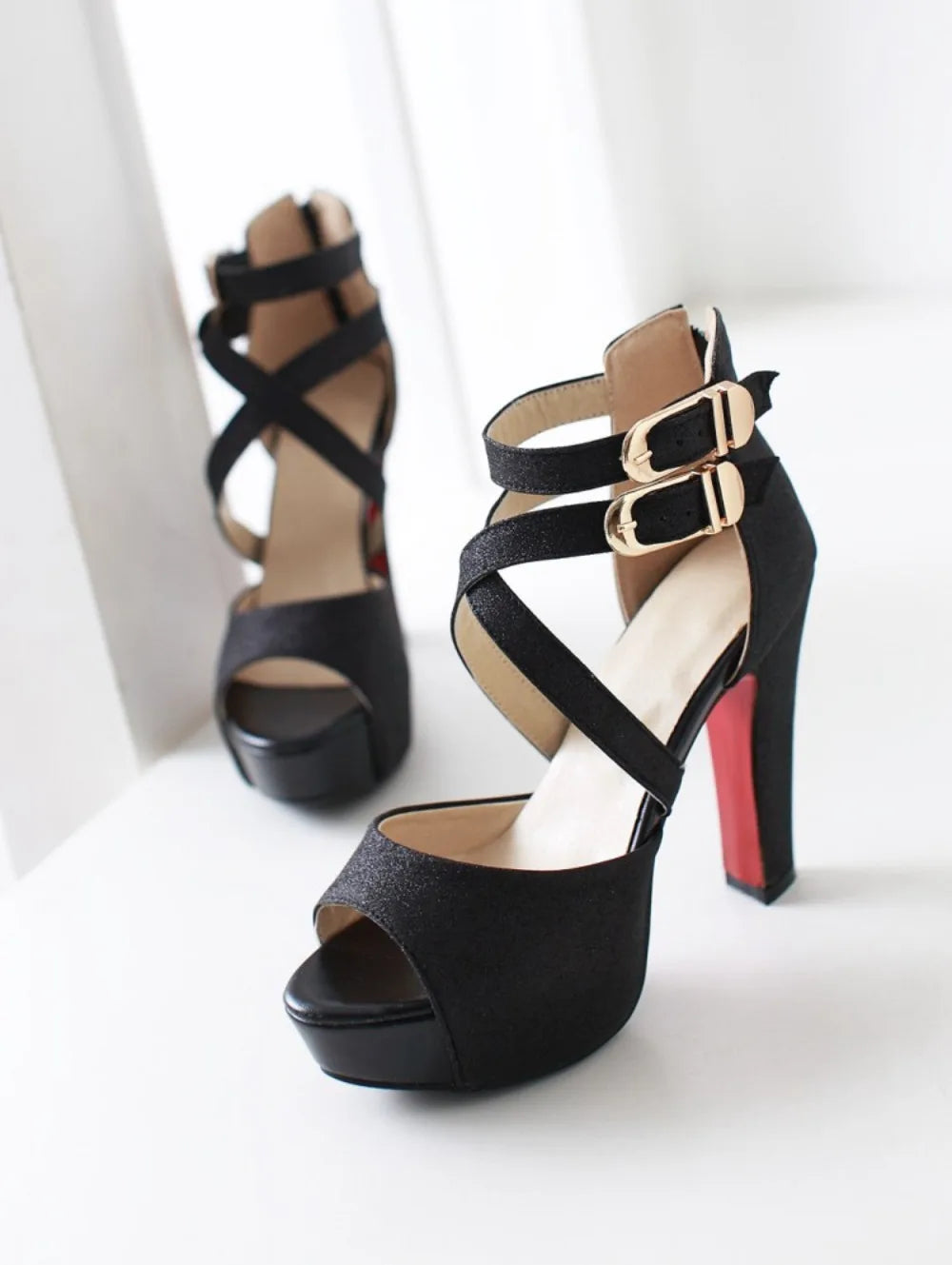 Women's Sandals Summer New Style Fashion Fish Mouth Open Toe Buckle Thick Heel High Heel Women's Shoes Plus Size 33-43 High 11cm