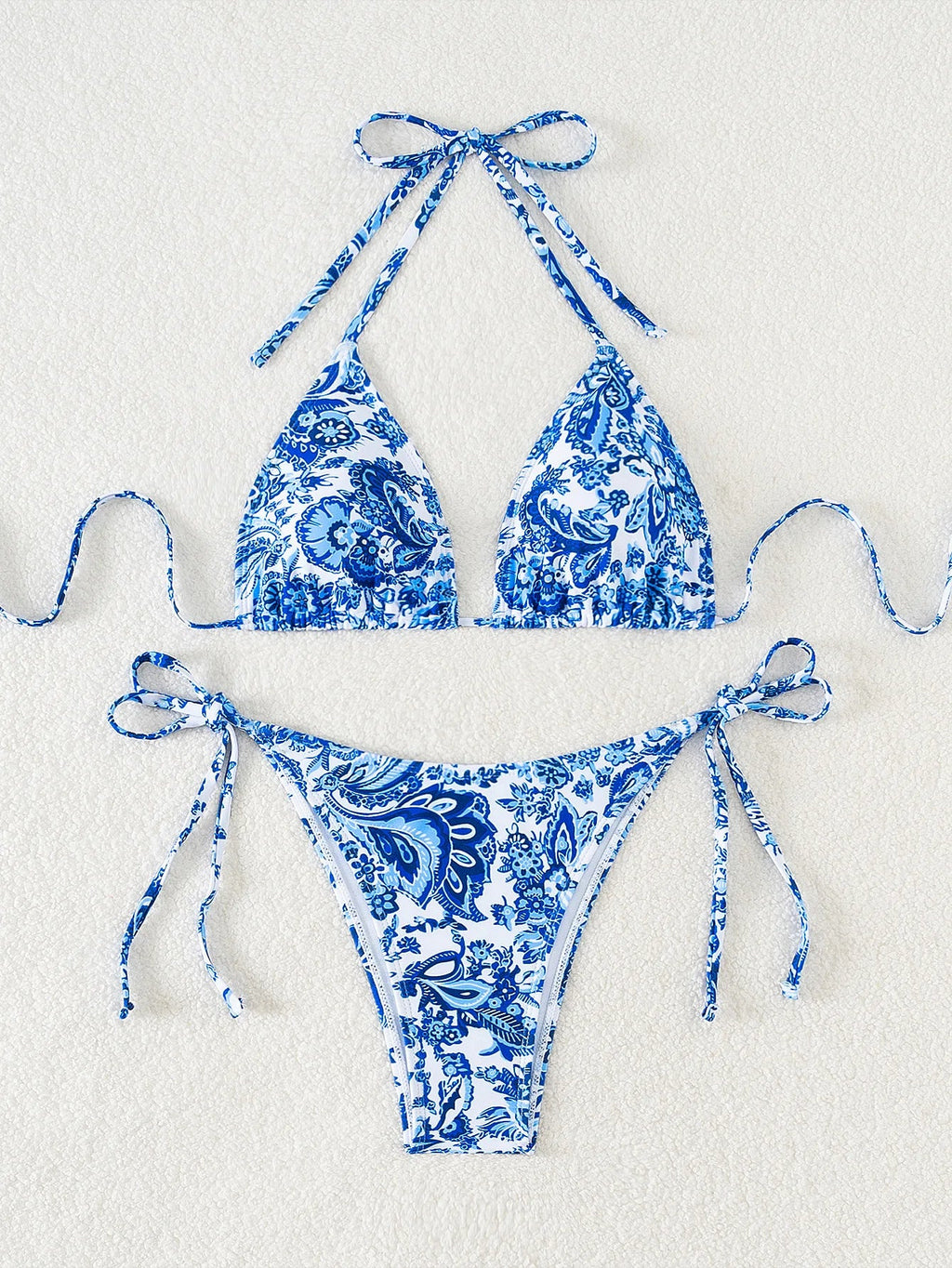 Blue Floral Print 2 Piece Micro Bikini Set for Women 2025 New Push Up Bra Thong Swimsuit Beach Bathing Suit Holiday Swimwear