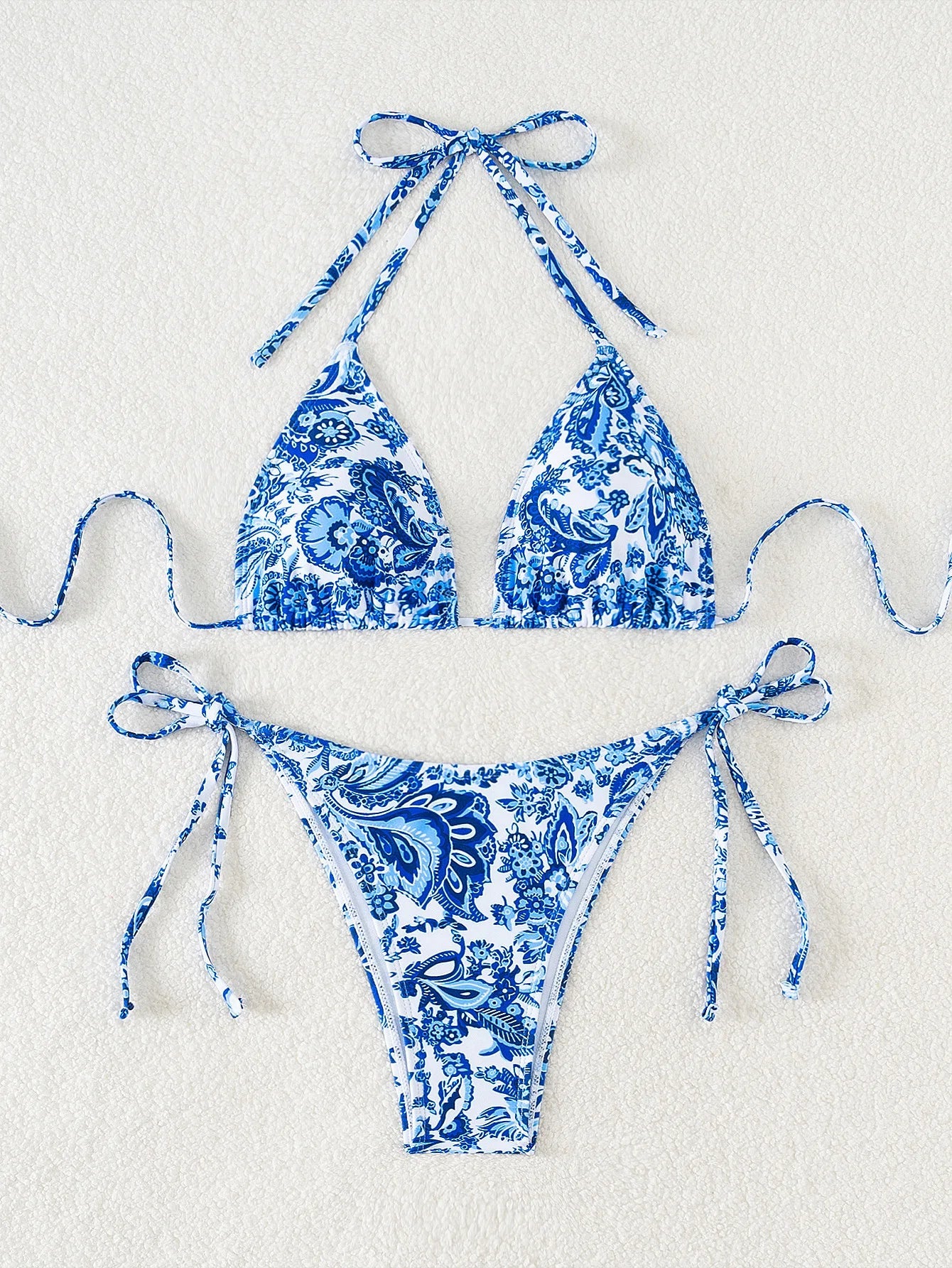 Blue Floral Print 2 Piece Micro Bikini Set for Women 2025 New Push Up Bra Thong Swimsuit Beach Bathing Suit Holiday Swimwear