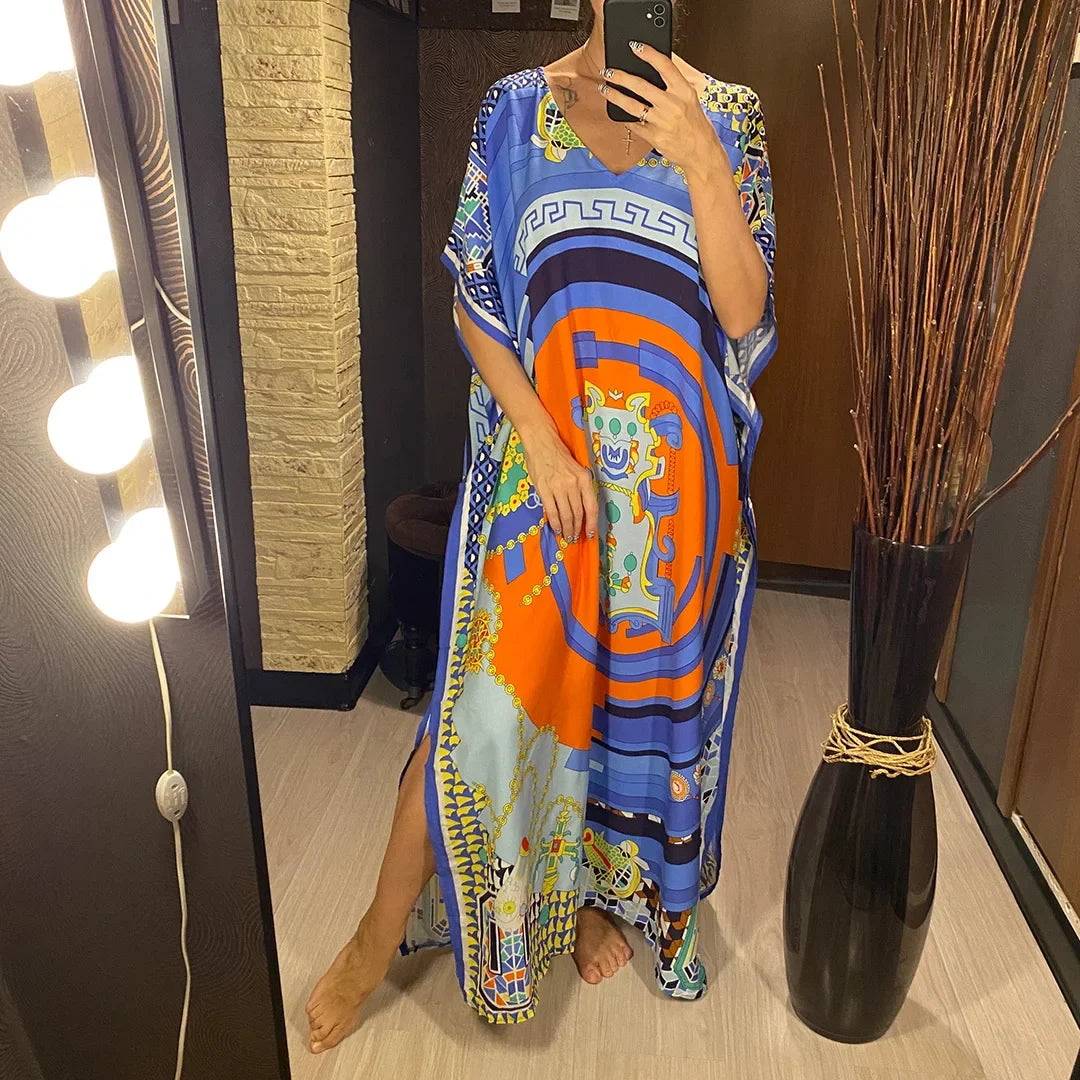 2026 New Colorful Kaftan Tunic Beach Dress Beach Wear Beachwear Beach Cover Up Cover-upsLoose Maxi Dress Female Women V4428