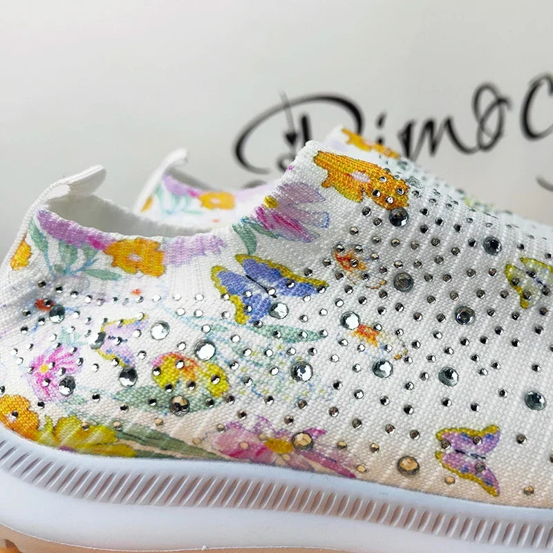 2025 Fashion Crystal Platform Sneakers Women Plus Size Slip On Flowers Printed Flats Woman Breathable Soft Sole Wakling Shoes