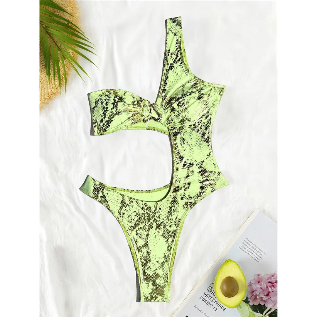 S - XL Asymmetric Printed Cut Out One Piece Swimsuit Women Swimwear Female One Shoulder Padded Bather Bathing Suit Swim K7318
