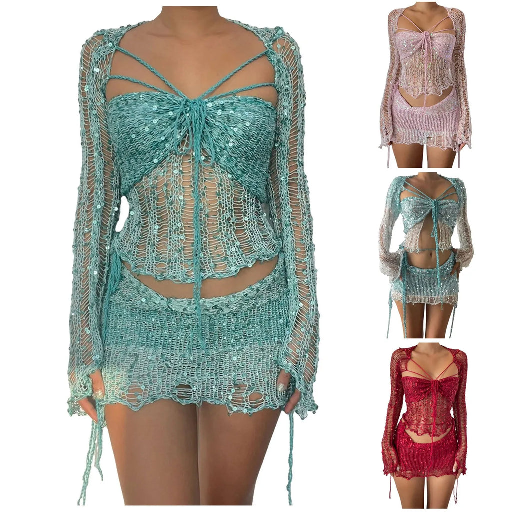 Glitter Sequins Knitted Skirt Sets Women Fashion Hollow Sequins Bandage Tube Top Mini Skirts 3 Piece Outfit Vacation Clothing
