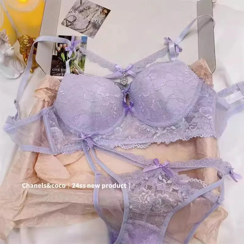 Japanese Lace Bra Set, Heart Pendant Purple Lingerie Sexy & Pure Small Chest Push Up Bralette, Fashion Outerwear Design Enhancer