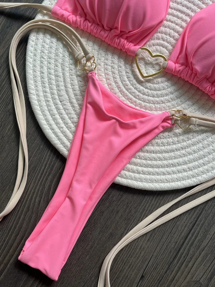 Metal Heart-shaped Halter Brazilian Bikini Female Swimsuit Women Thong Swimwear Two-pieces Bikini Set Bather Bathing Suit Swim