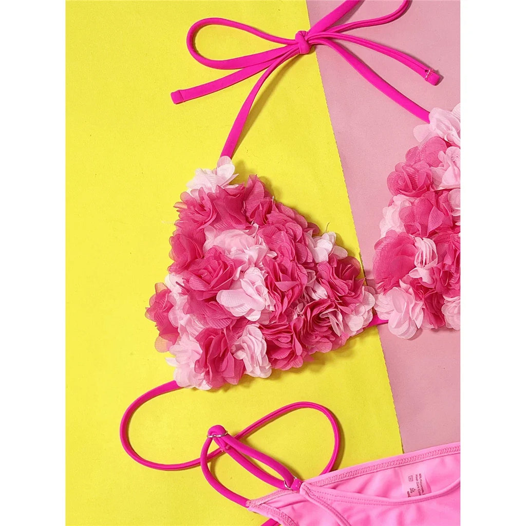 Sexy 3D Flowers Halter High Leg Cut Bikini Women Swimwear Female Swimsuit Two-Pieces Bikini Set Bather Bathing Suit Swim V5386