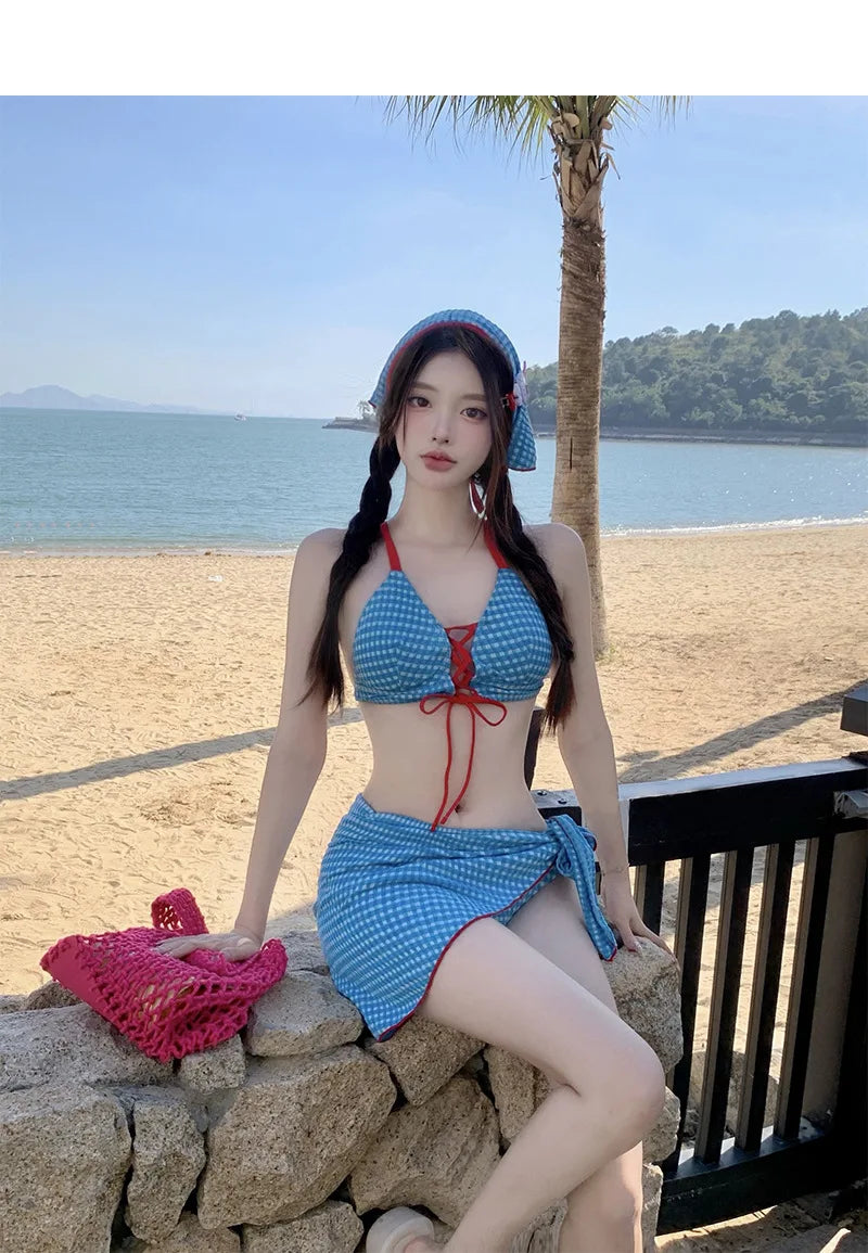 Cut Blue Plaid Patchwork Bikini Set 2026 Women Drawstring Push Up Bra Skirts Bands 4 Piece Swimsuit Beach Bathing Suit Swimwear
