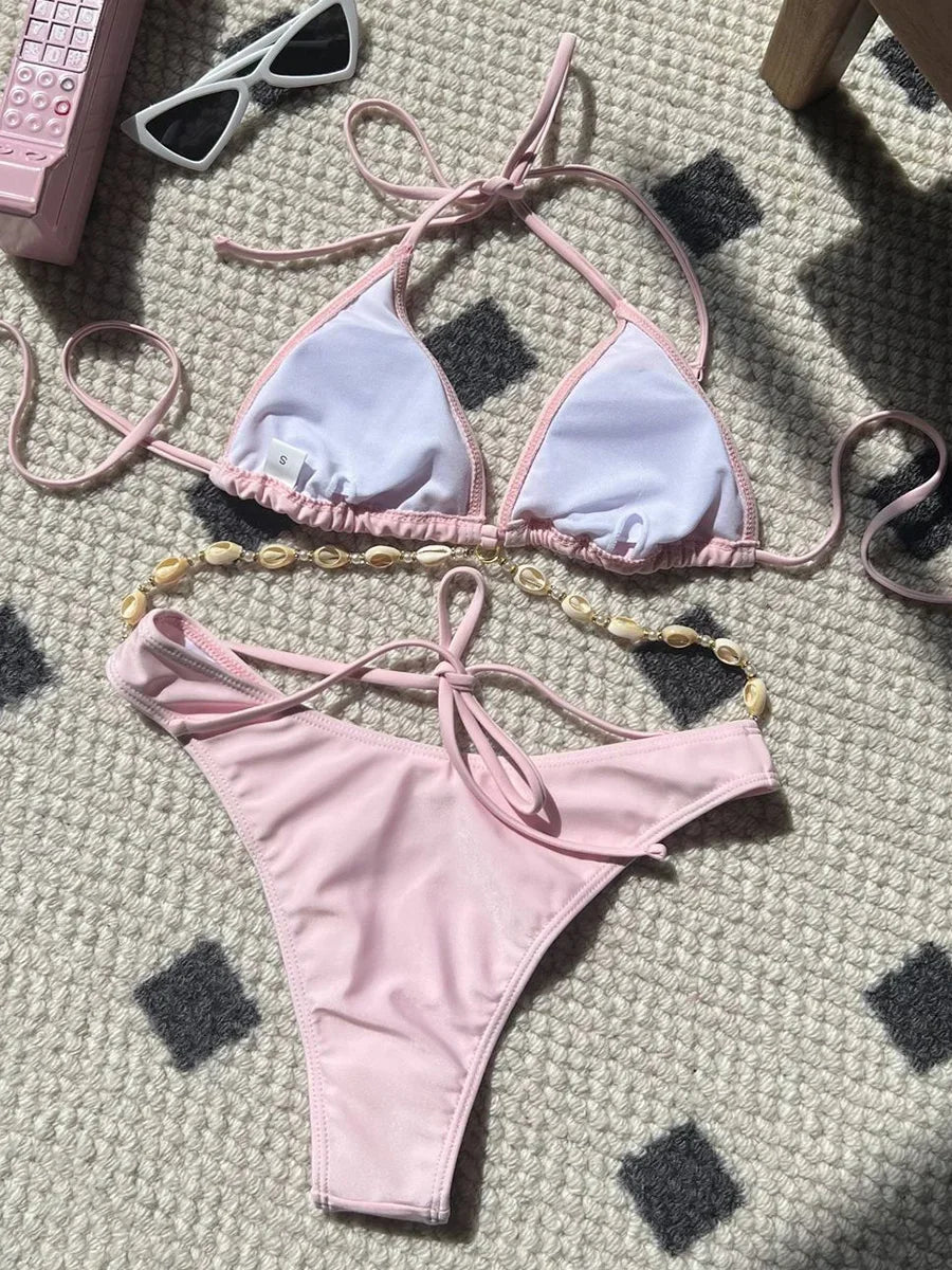 Halter Wrap Around Shell Decorated Bikini Women Swimwear Female Swimsuit Two Pieces Bikini Set Bathing Swimming Swim Suit Swim