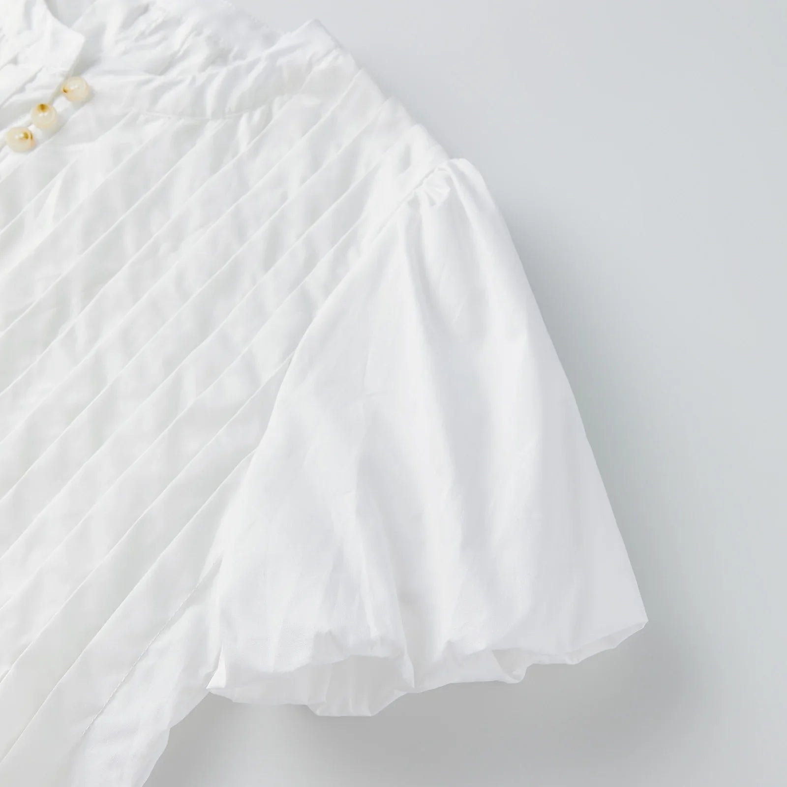 Summer Women's Ruched White Shirts Solid Color Bubble Short Sleeve Button Down Tops Casual Fashion Blouse