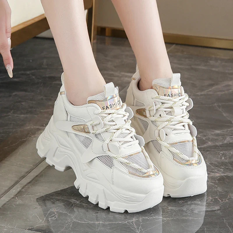 Breathable Chunky White Sneakers for Women Fashion Laser Thick Bottom Vulcanize Shoes Woman 2025 Lace Up Platform Running Shoes