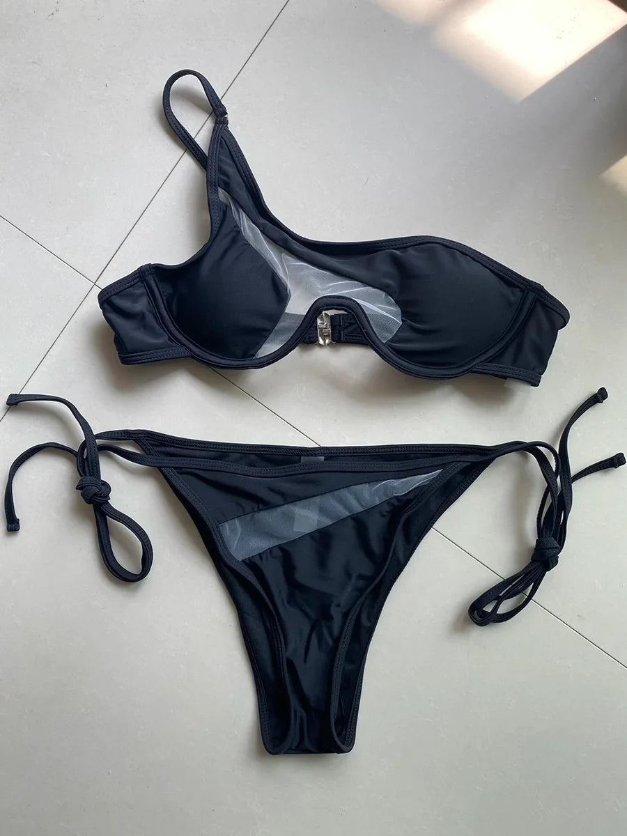 One Shoulder Mesh Bikinis Underwired V-Bar Bikini Women Swimwear Female Swimsuit Two-pieces Bikini Set Push Up Bathing Suit Swim