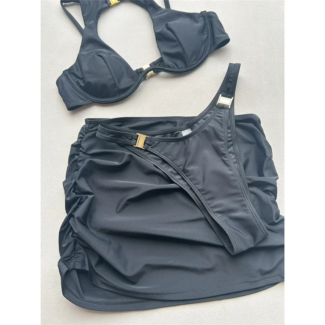 3PCS With Skirt Underwired Cut Out Bikini Women Swimwear Female Swimsuit Three-pieces Bikini Set Bather Bathing Suit Swim V7733