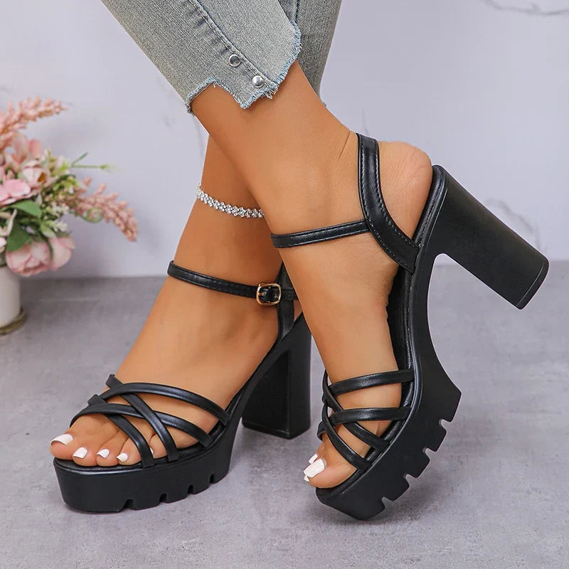Women's Ankle Buckle High-Heeled Sandals New Style Cross Strap Platform Sandal Female 2025 Outdoor Thick Heel Sandalias Mujer