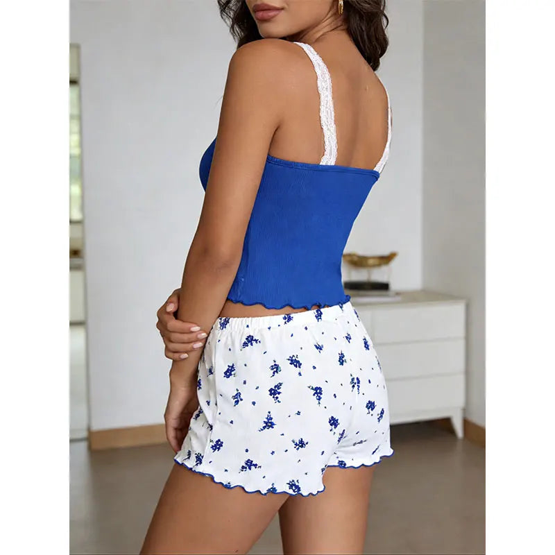 Blue 2-Piece Home Lingerie Pajamas For Women Comfortable And Elegant Summer Bedroom Wear A Tight-fitting Top+Printed Shorts Sets
