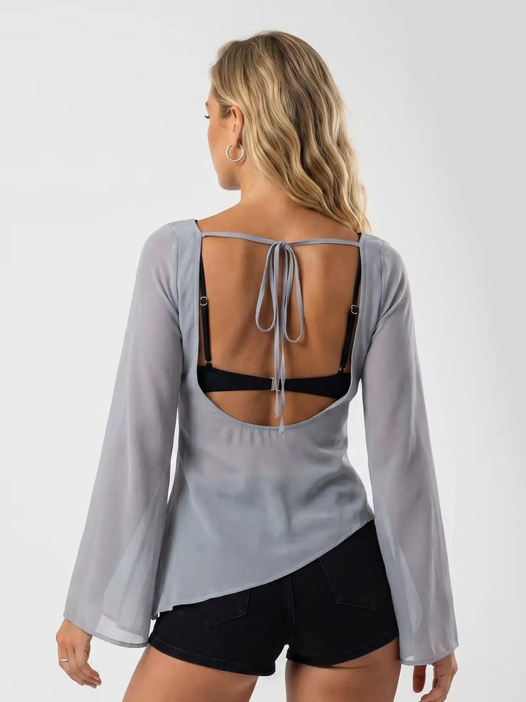 Summer Women's Sheer Chiffon Tops Solid Color Boat Neck Long Sleeve Tie-up Back Blouse for Party Club Daily Cover-ups Shirt