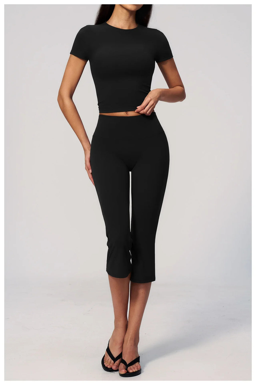 Yoga Set for Women High Waist Hip Lifting Tight Mid Pants Fitness Suit Short Sleeve O Neck Slimming Sports T Shirt Athletic Wear
