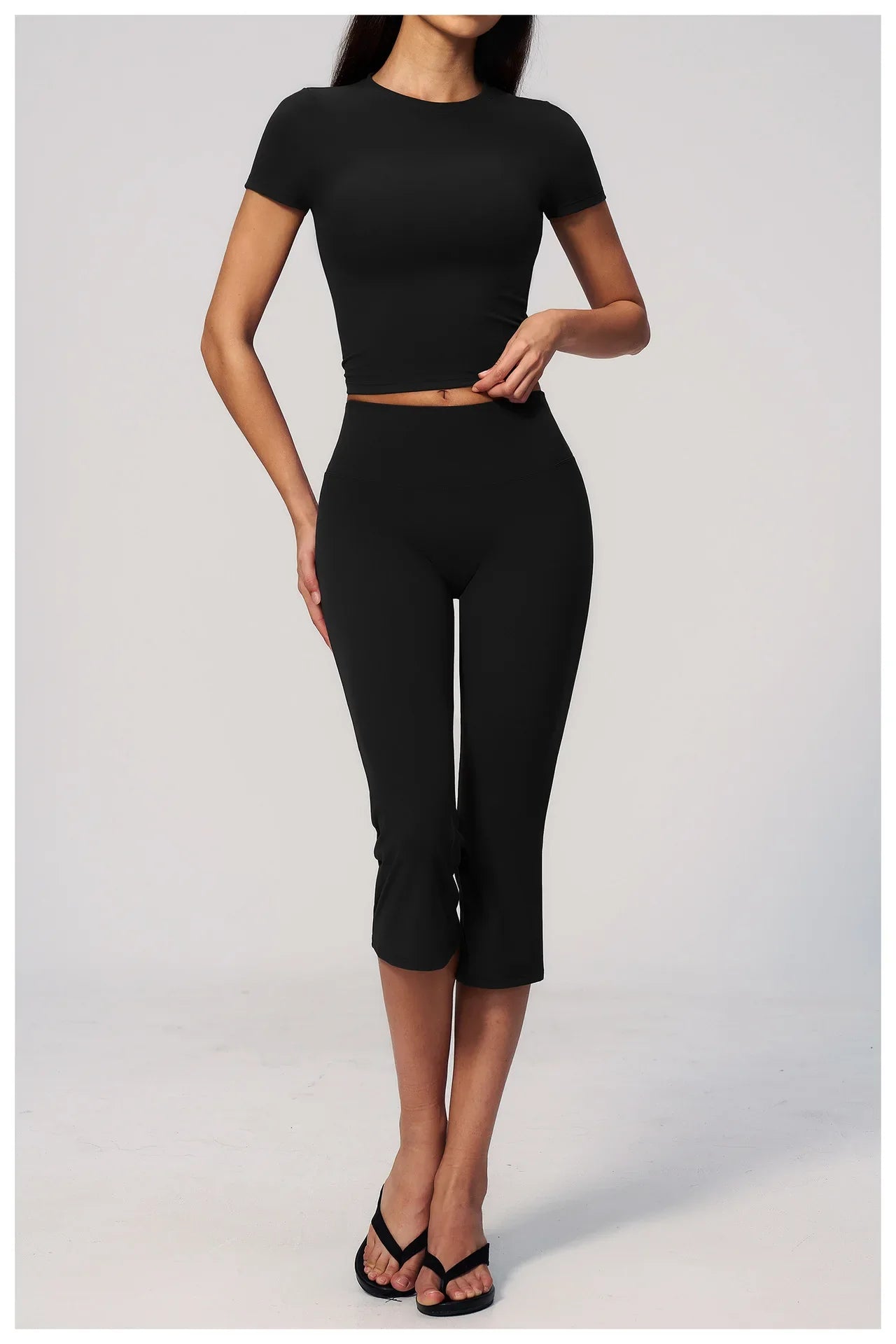 Yoga Set for Women High Waist Hip Lifting Tight Mid Pants Fitness Suit Short Sleeve O Neck Slimming Sports T Shirt Athletic Wear