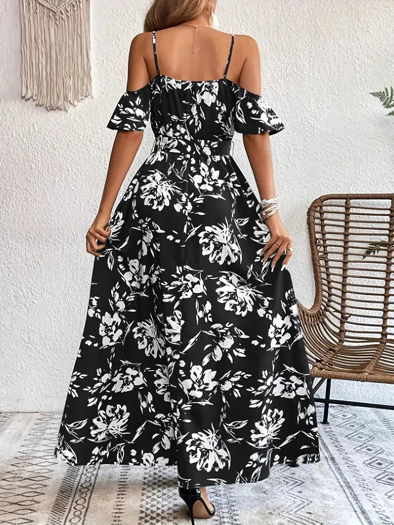 New Summer Women Print Dress 2025 Fashion Elegant  Vacation Party Short Sleeve Slim V-neck Slit Long Dresses Vestidos Para Mujer