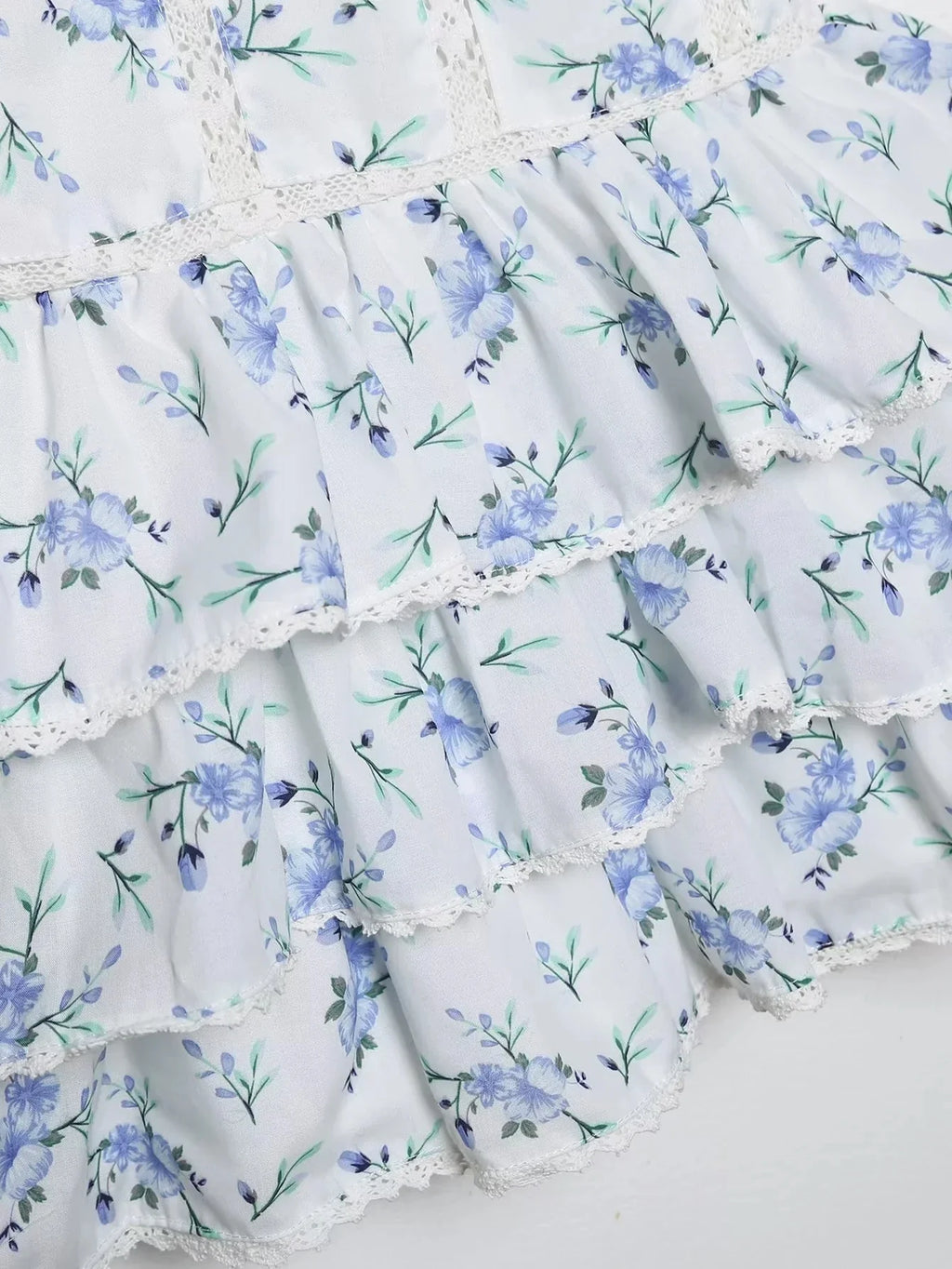 Foridol Blue Flower Print Women Tiered Mini Aummer Autumn Beach Dress Puff Sleeve Vintage Party Cotton Short Boho Lace Dress