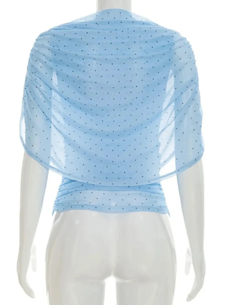 FDYOUI Women's Summer Polka Dot Print Shawl Tops High Street Ladies Fashion Sexy Folds Slim T-shirt Holiday Party Tee Shirts