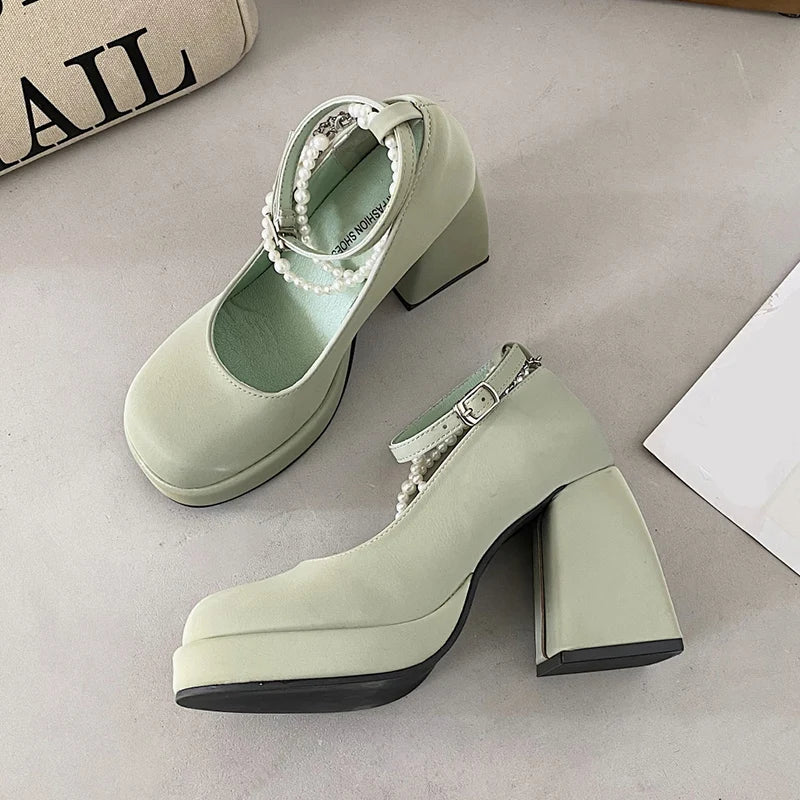 10cm Super High Heels Mary Jane Shoes Women Fashion Patent Leather Platform Pumps Woman Pearls Chain Ankle Strap Party Shoes