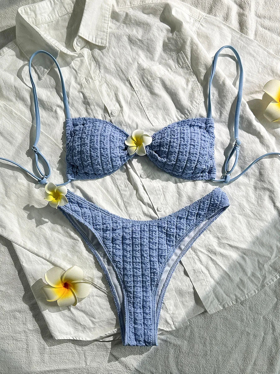 3D Flower Wrinkled Crinkled Bikini 2026 Women Bikinis Female Brazilian Swimwear Two pieces Swimsuit Bikini Set Bathing Suit Swim