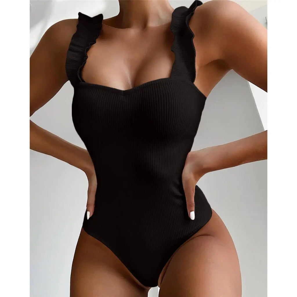 6 Colors Frill Trim Ruffled Sexy Women Swimwear One Piece Swimsuit Female Ribbed Bather Bathing Suit Swim Wear Monokini V1668