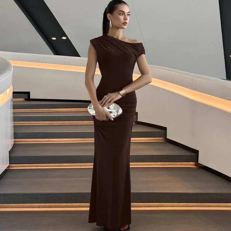 FDYOUI Woman Clothes Diagonal Collar Ruched Brown Long Dresses 2026 Summer Lady Chic One Shoulder Sleeveless Tunics Party Dress