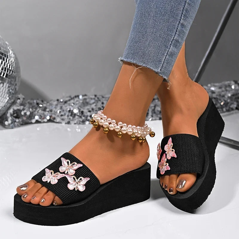 Pink Crystal Butterfly Platform Slippers Women 2026 Summer Slip On Wedge Sandals Woman Lightweight Thick Sole Casual Slides 42