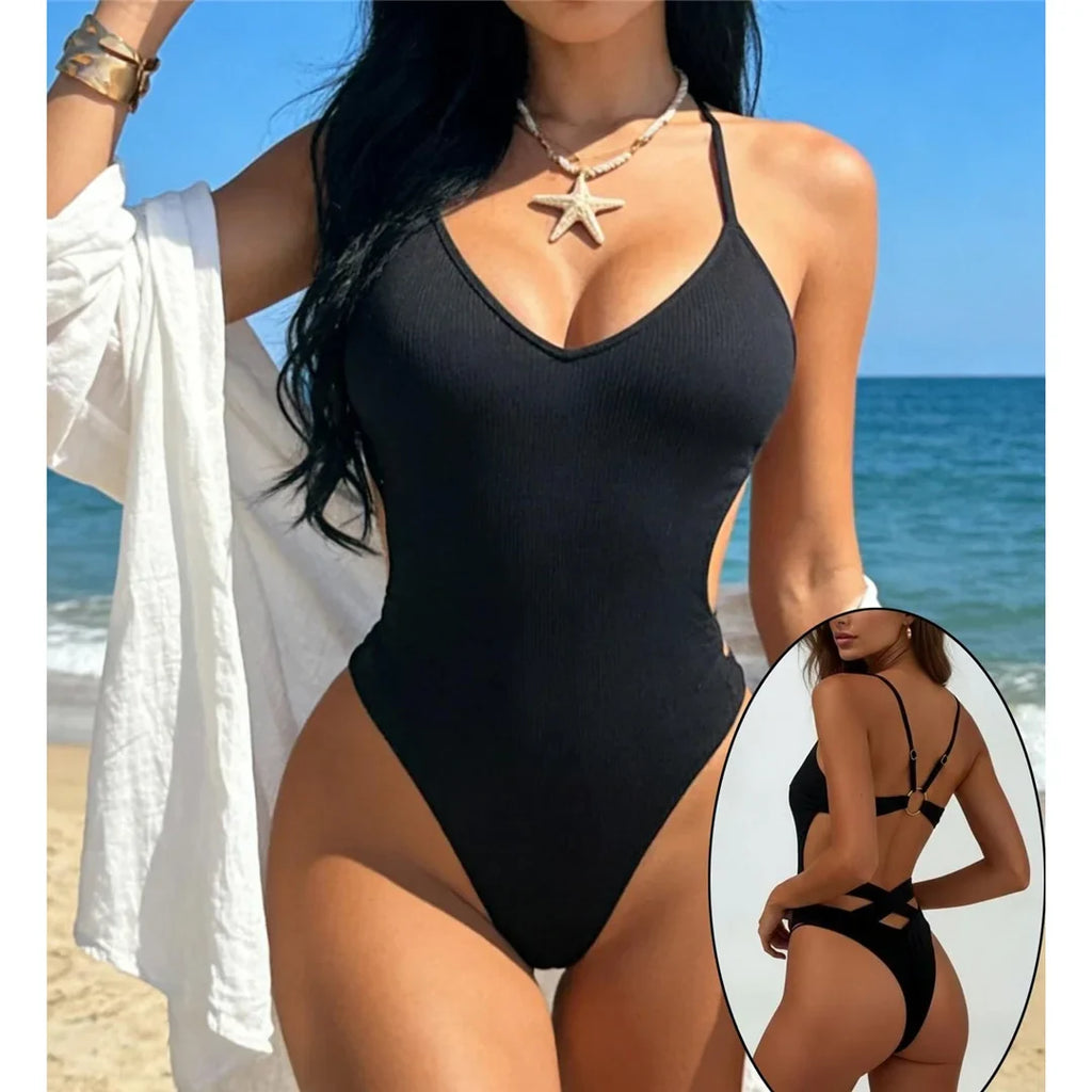 Sexy V Neck Halter Ribbed One Piece Swimsuit Monokini Backless High Cut Leg Bather Bathing Suit Swim Women Swimwear Female K8121